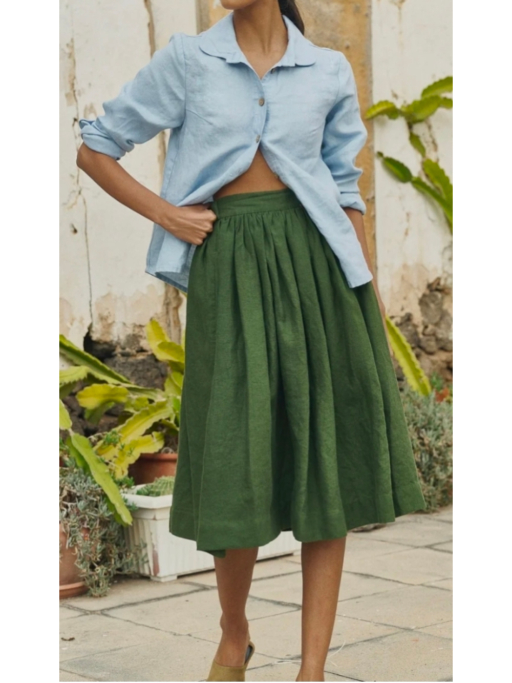 not PERFECT LINEN 1950s City Flat Front Midi Skirt Olive Green XL